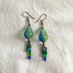 Blue and Green Glass Drop Earrings With Bead Details